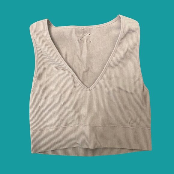 Taupe Ribbed V-Neck Crop Top by Garage | Minimalist Summer Staple - Picture 2 of 5